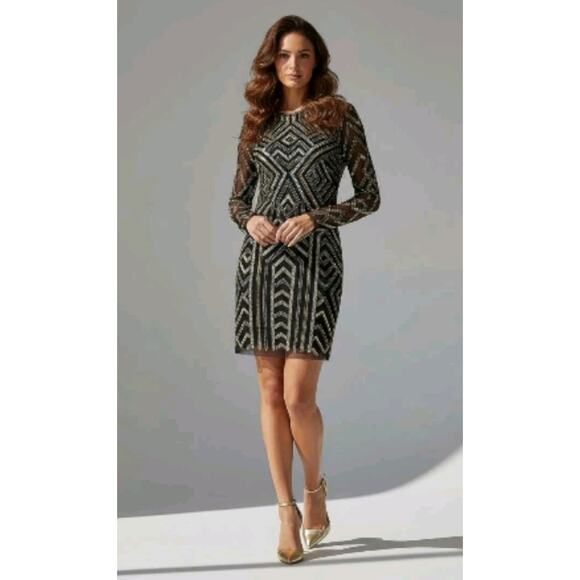 $265 NEW Aidan Mattox Beaded Dress Sz 2 Black Gold Geometric Holiday Designer - Picture 4 of 16